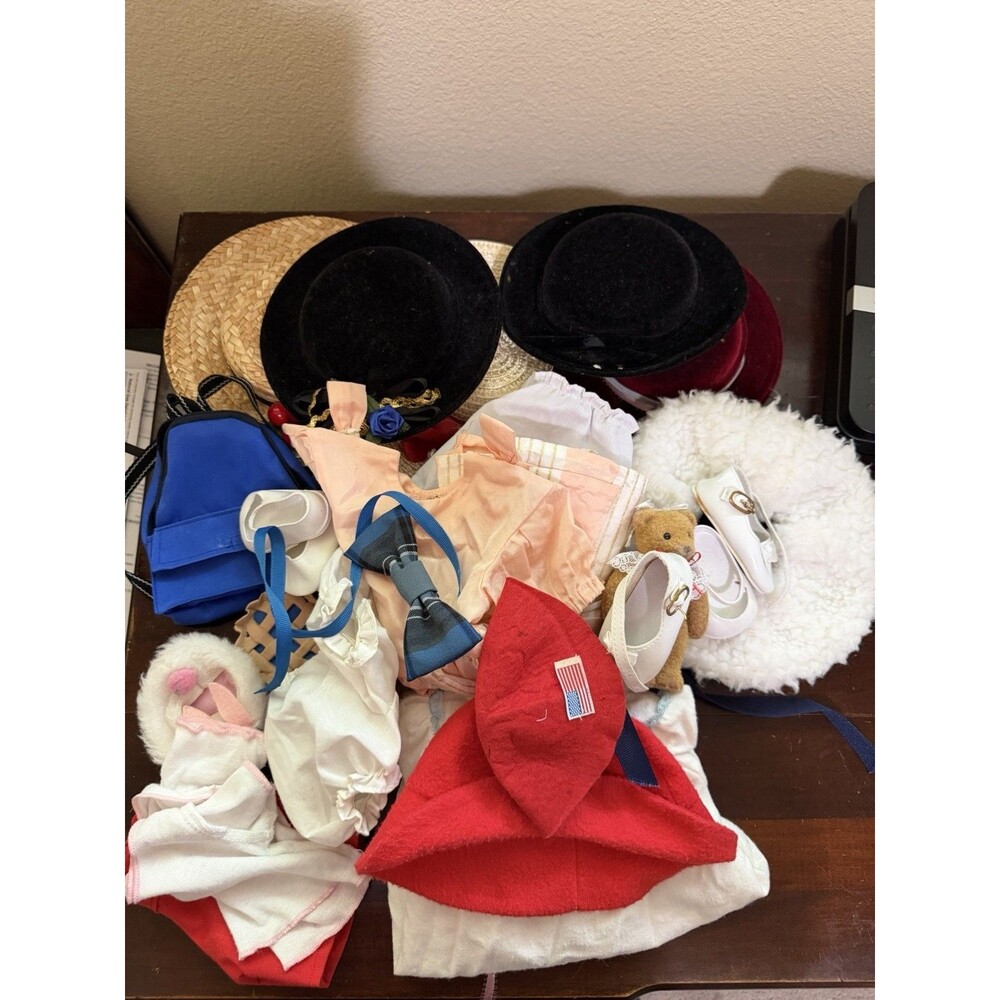 Vintage Doll Clothes & Accessories Lot - Hats, Dress, Shoes, Teddy Bear & More